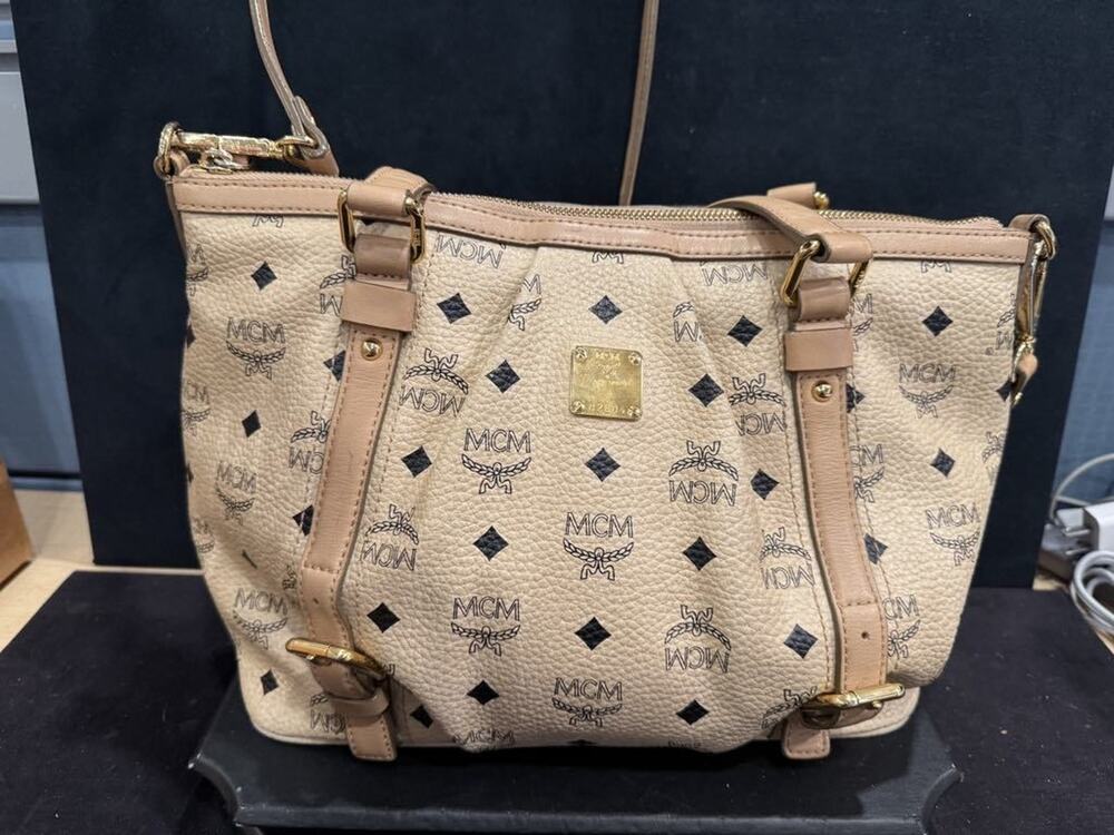 MCM Visetos Beige Leather 2 Way Shoulder Bag LS(350975)